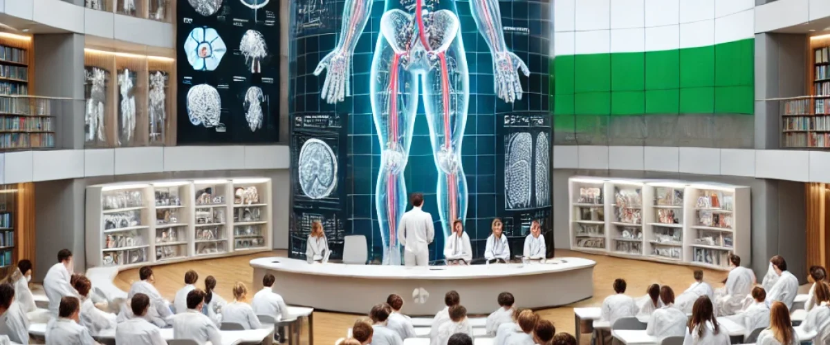 DALL·E 2025-02-04 15.36.34 – A modern medical university in Hungary with students in white lab coats attending a lecture. The classroom has advanced medical equipment and a large DALL·E 2025-02-04 15.36.34 - A modern medical university in Hungary with students in white lab coats attending a lecture. The classroom has advanced medical equipment and a large